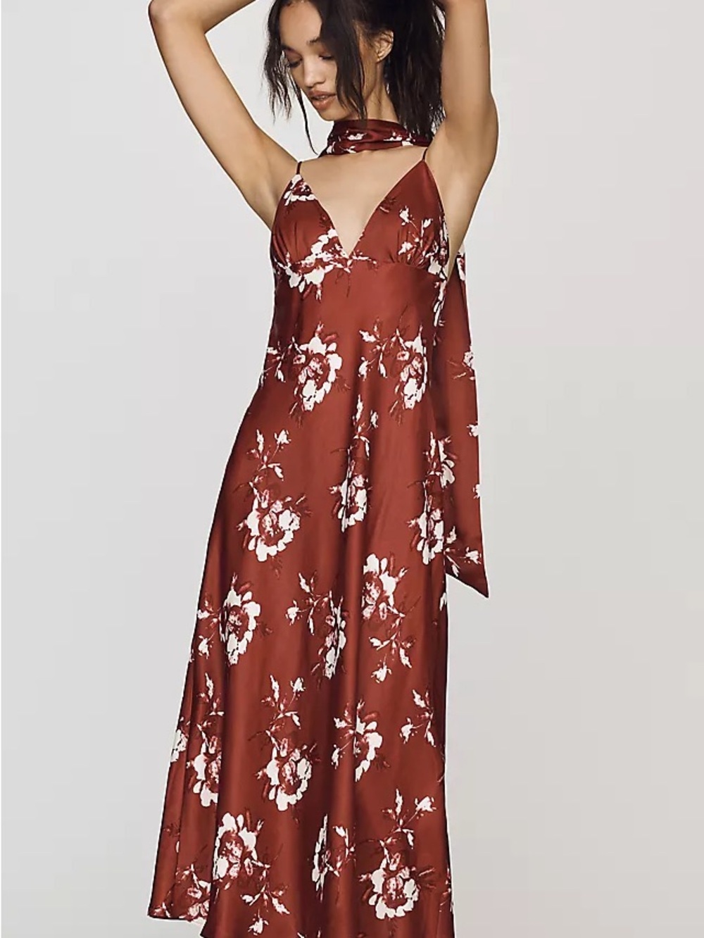 Floral Satin Slip Dress with Neck Scarf - Rust/White